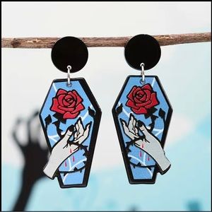 New handmade gothic psychobilly coffin,rose and hand earrings